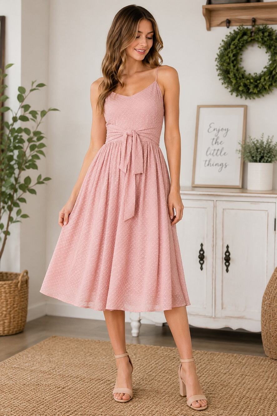 BB Dakota Blush Textured Fit & Flare Midi Dress | Sleeveless Tie Waist | Size S